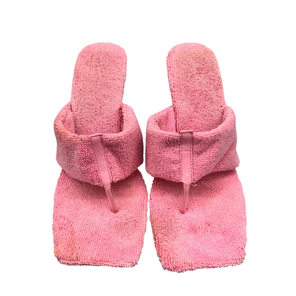 Size 10 - Pink Terry Cloth Thong Sandals Square Toe Clear Acrylic Block Heel Y2K